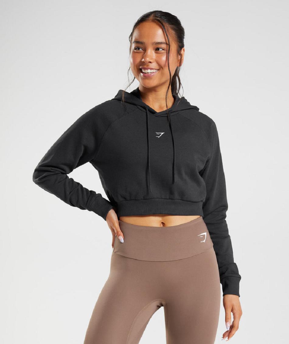 Bluzy Z Kapturem Damskie Gymshark Treningowe Cropped Czarne | PL 2749CTV